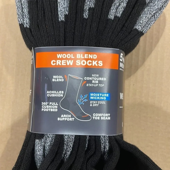 Weatherproof Vintage Outdoor Crew Socks 5 PAIR Pack all Black Gray Toe and Heel - Picture 4 of 5